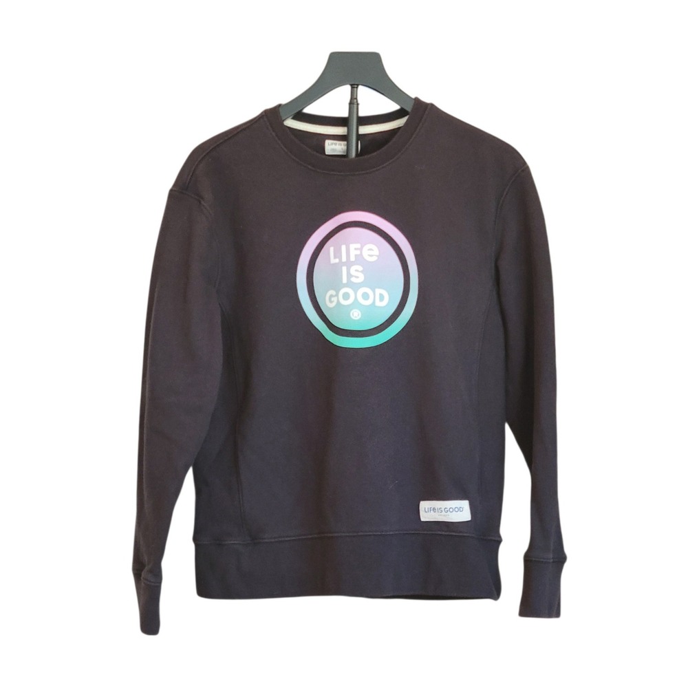 Life is Good Womens Sweatshirt Black Crewneck Gradient Logo Cotton Sz Small